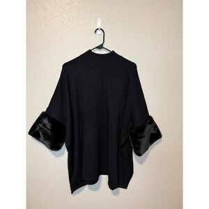 JM Collection Black Poncho Sweater with Faux Fur Cuffs